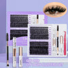 A set of DIY lash clusters for eyelash extensions including individual clusters and tools