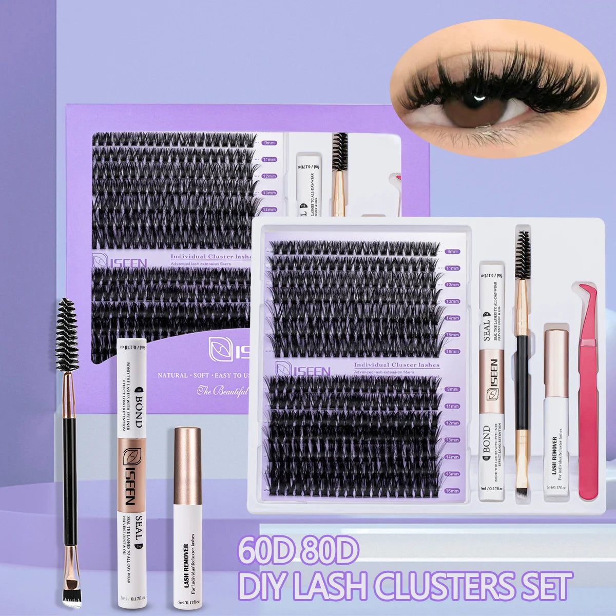 A set of DIY lash clusters for eyelash extensions including individual clusters and tools