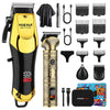A yellow and black professional rotary hair trimmer with various attachments shown.