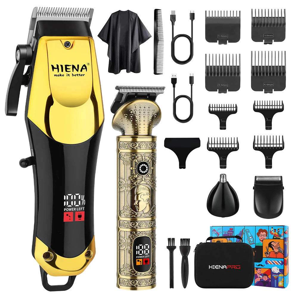 A yellow and black professional rotary hair trimmer with various attachments shown.