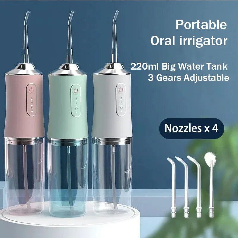 Portable oral irrigator with four nozzles and a 220ml water tank shown in various colors