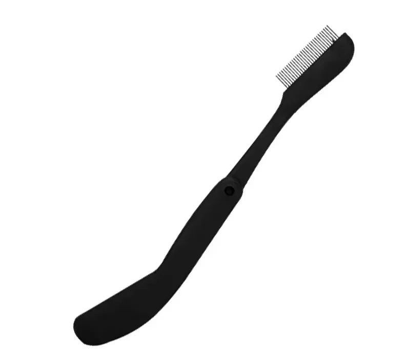 Un peigne pliable en acier inoxydable noir pour cils et sourcils.
