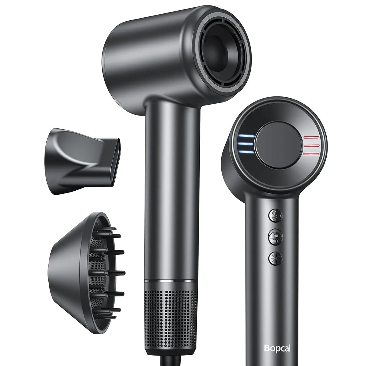 A black professional high-speed hair dryer with a cylindrical body and a round control head.