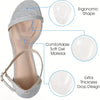A close-up view of silver silicone forefoot insoles showing ergonomic shape, soft gel material, and extra thickness drop desi