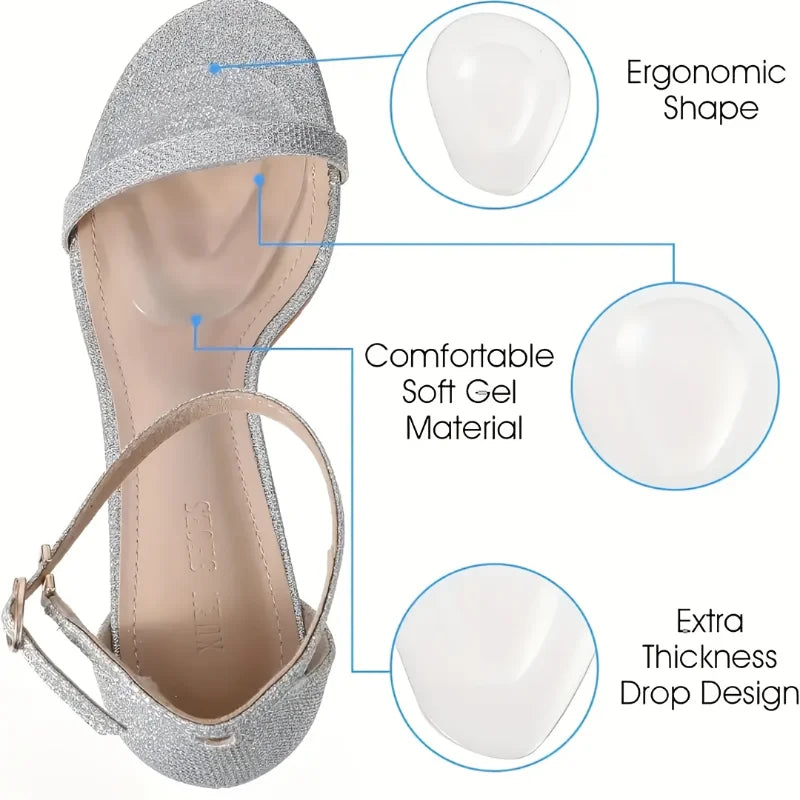 A close-up view of silver silicone insoles with an ergonomic shape and soft gel material for comfort.