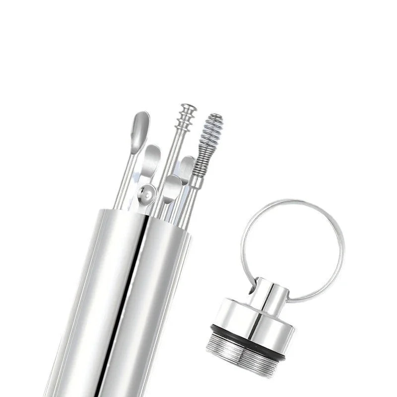 Kit d'extraction de cérumen en acier inoxydable avec plusieurs outils et un applicateur à boucle.