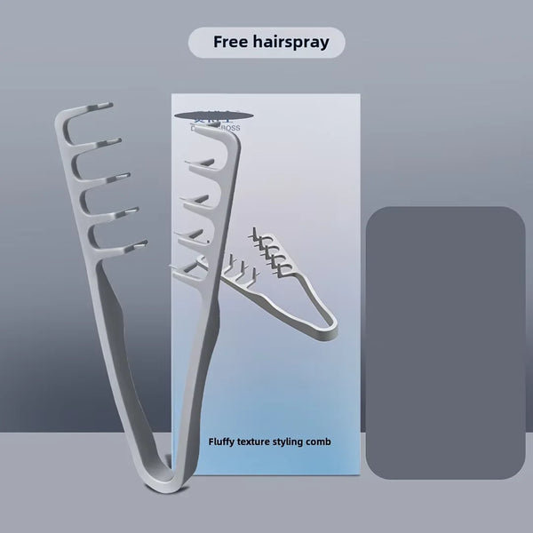 A white fluffy texture styling comb is shown next to its packaging, with a free hairspray offer.