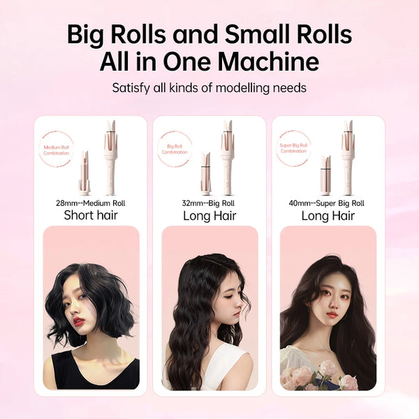 A set of hair rollers for short, long, and super long hair styling in one machine.