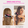 A black hair dryer and a black hair straightener are shown for styling hair.