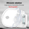 Weißes wiederaufladbares Ultraschall-Inhalationsgerät mit klarem Mundstück und Diffusor auf grauem Hintergrund.