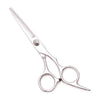 A pair of professional stainless steel hairdressing scissors shown from the side.