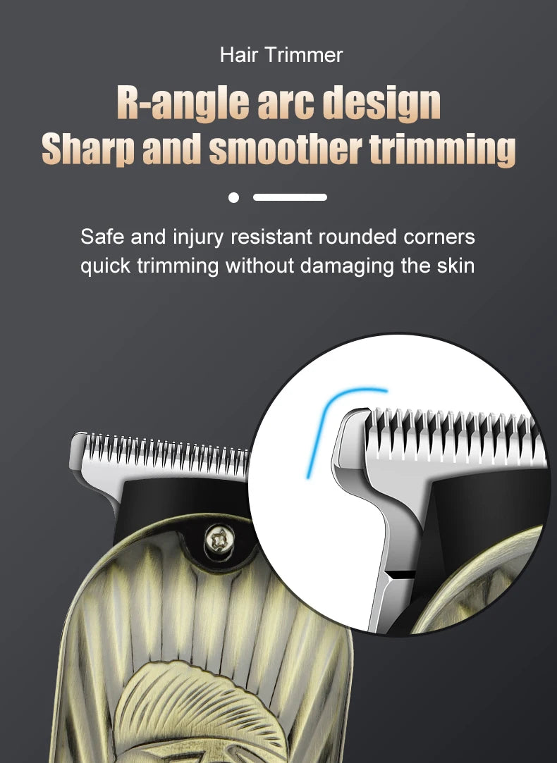 Close-up of an R-angle arc design hair trimmer showing sharp and smooth trimming features.