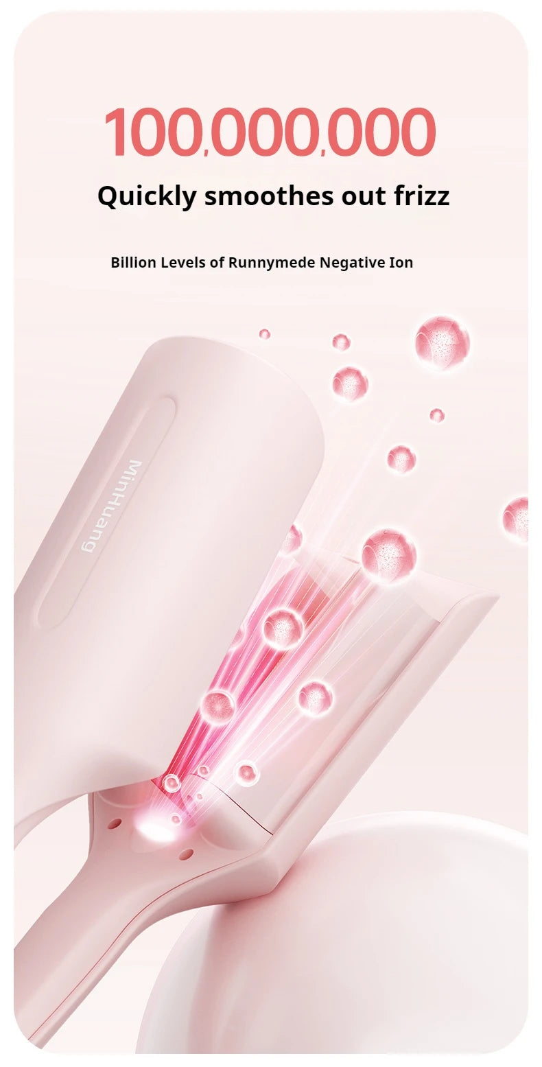 A pink professional beach waver curling iron is shown with steam or ions emanating from the tip.