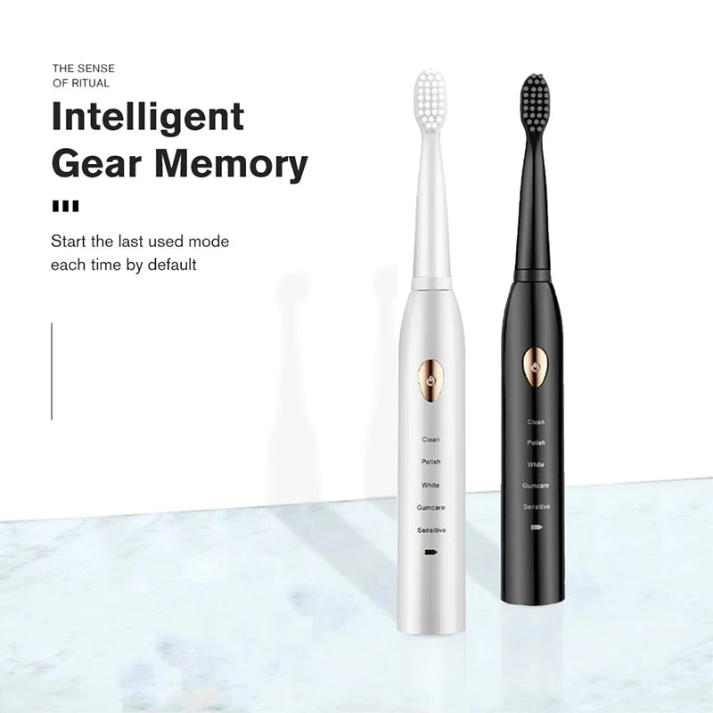 A pair of sleek, black and silver ultrasonic electric toothbrushes are displayed on a white marble surface.