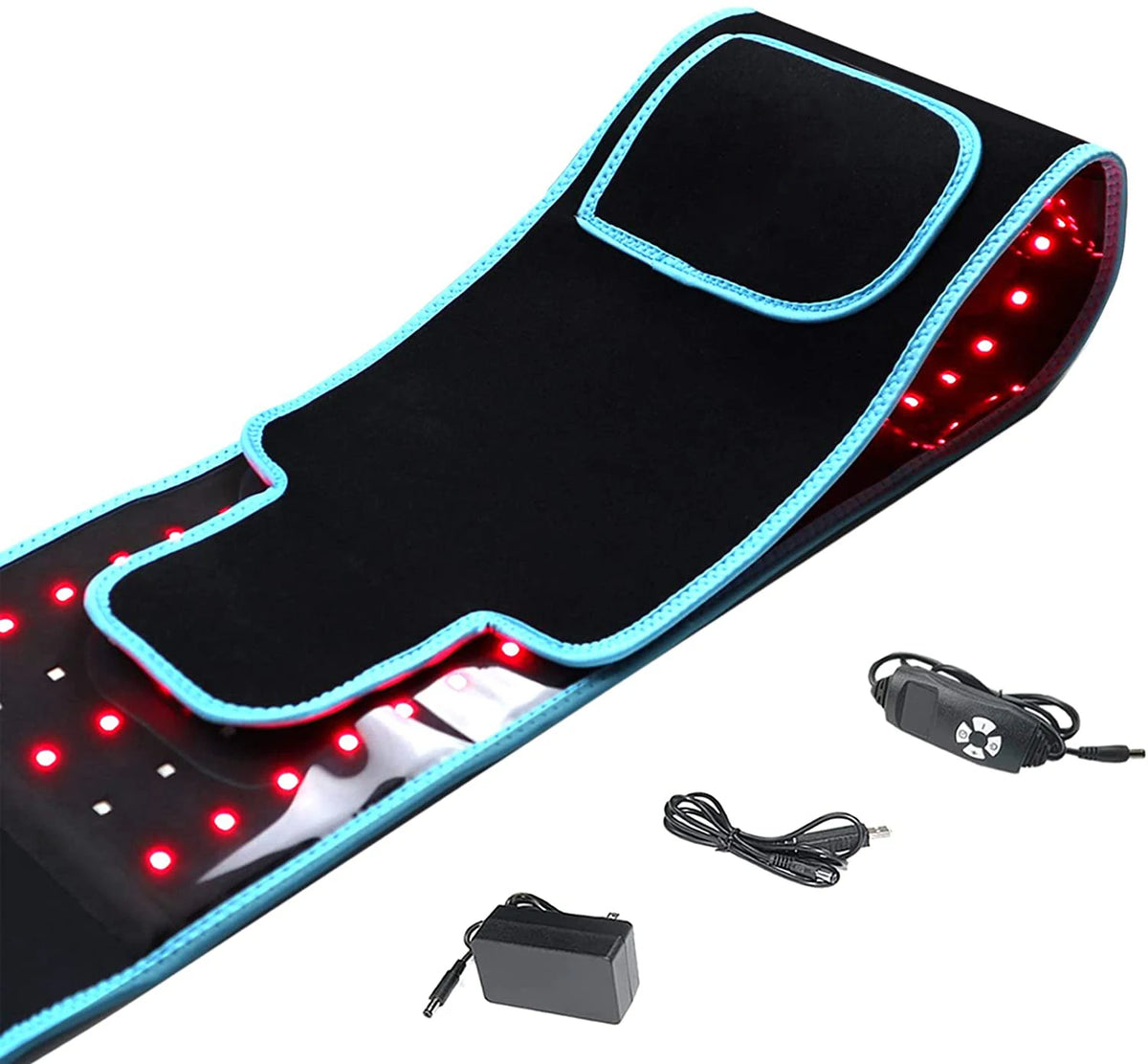Schwarze Lichttherapie-Gürtel mit blauem Zier und roten LED-Lichtern, gezeigt mit Stromkabel und Adapter.