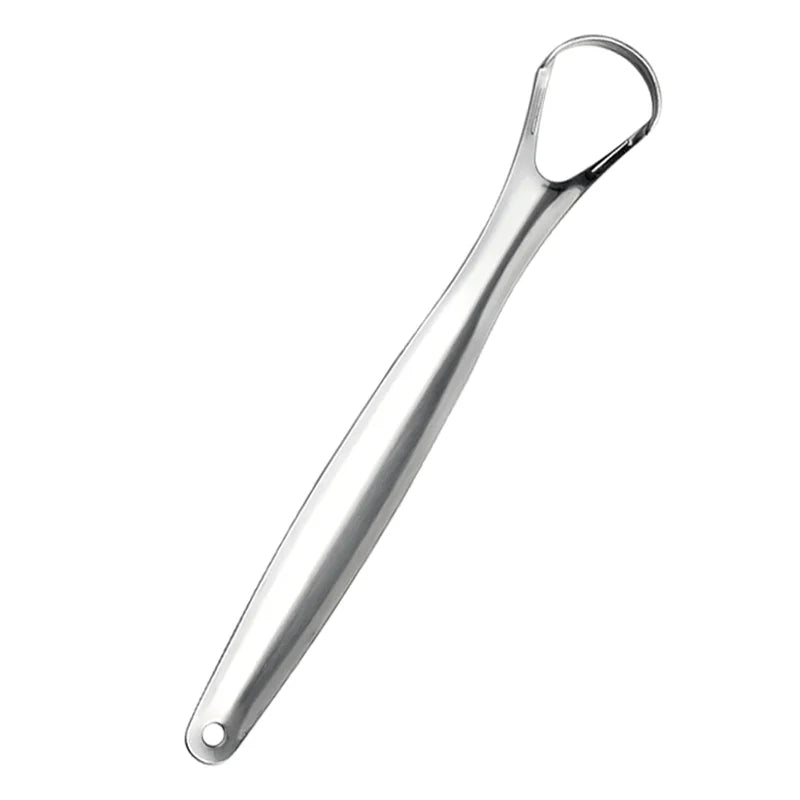 A stainless steel tongue scraper with a loop handle for oral hygiene.