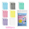 A collection of seven-color pimple patches in various patterns and colors, including pink, yellow, purple, and green.