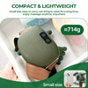 A compact, olive green wireless neck and shoulder massager worn on the neck with a brown strap.
