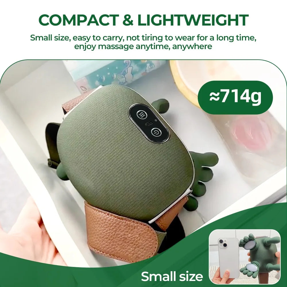 A compact, olive green wireless neck and shoulder massager worn on the neck with a brown strap.