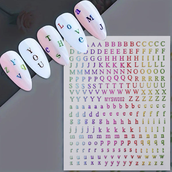 A set of laser gold and silver 3D alphabet nail art stickers featuring letters like T, L, O, V, E, Y, O, U, and Z.