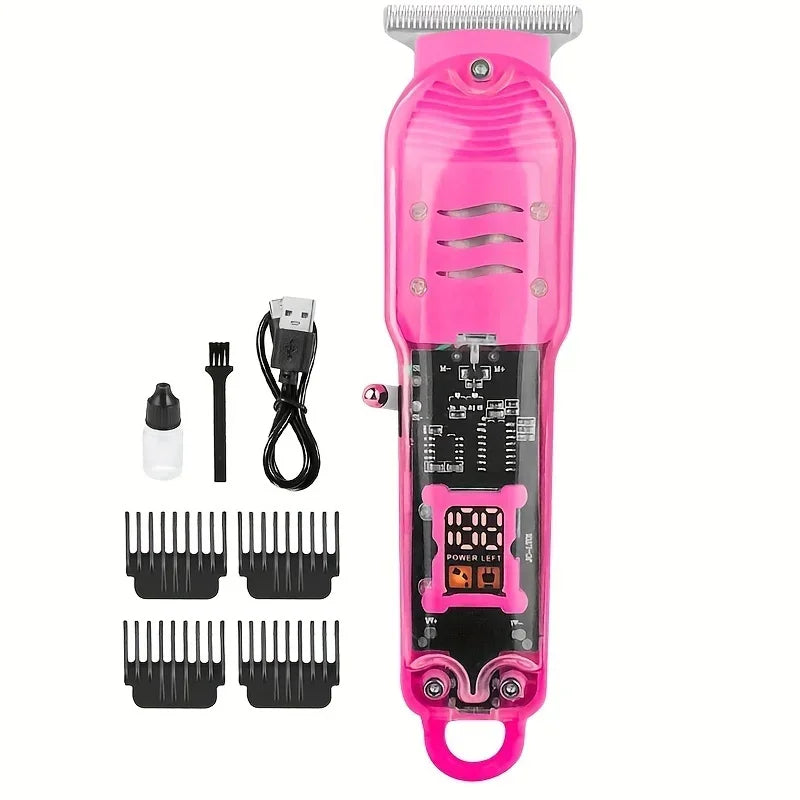 A pink professional cordless hair clipper and beard trimmer with detachable blades and charging cable.