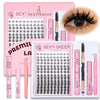 A pink and black DIY eyelash set featuring false lashes, tweezers, and lash glue for creating realistic eyelashes.