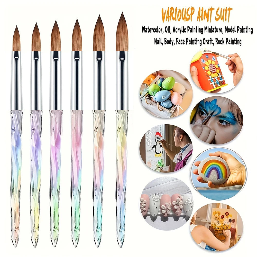 A set of six iridescent and colored acrylic nail brushes for professional nail art and painting.