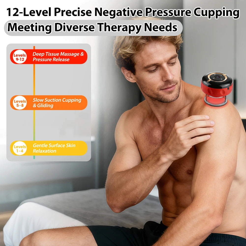 A man is using a 12-level negative pressure cupping device on his shoulder during a therapy session.
