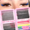 A close-up of a pink and black DIY lash clusters kit with various styles and 390 pieces for false eyelashes.