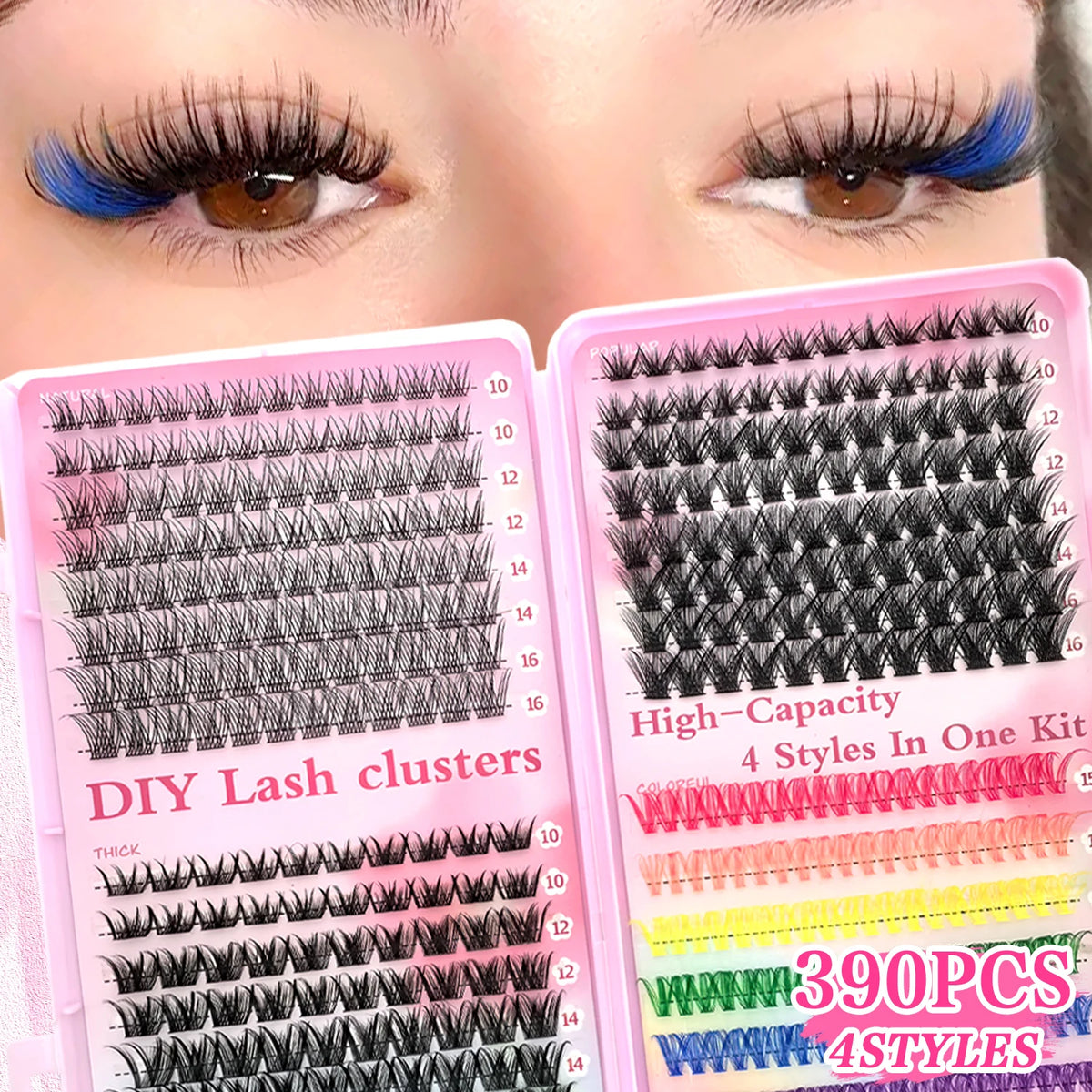A close-up of a pink and black DIY lash clusters kit with various styles and 390 pieces for false eyelashes.