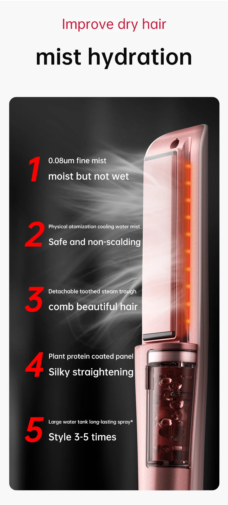 A pink steam flat iron hair styling tool with five numbered features for improving dry hair hydration.