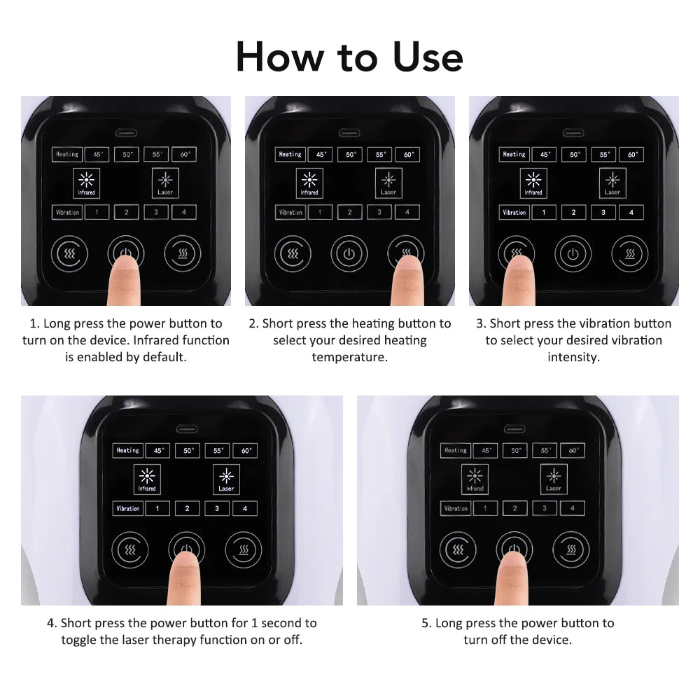 Instructions showing how to use an infrared knee massager with heat and vibration device.
