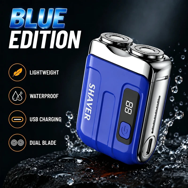 A blue electric shaver with a silver body is shown against a dark background, highlighting its lightweight, waterproof, USB c