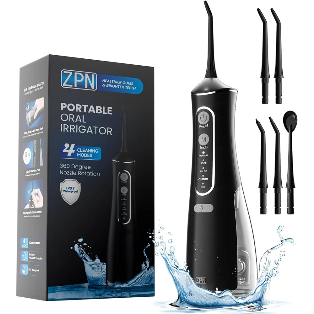 A black portable oral irrigator device is shown next to its packaging, with water splashing around it.