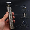 A close-up of a professional electric hair trimmer with an embossed design showing its features.