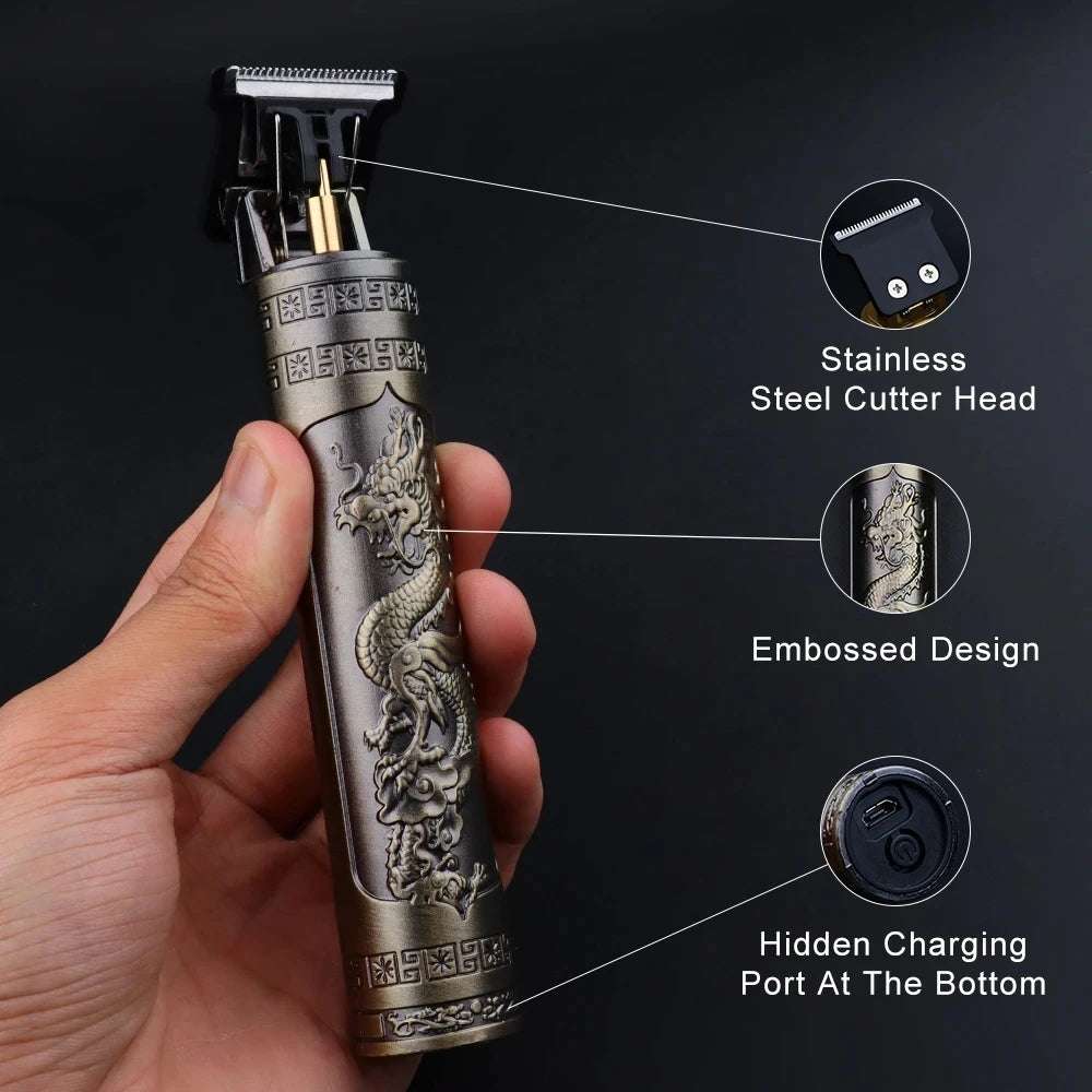 A close-up of a professional electric hair trimmer with an embossed design showing its features.