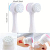 A white and pink double-sided silica gel facial brush is shown in various angles, including its size relative to a ruler and 