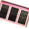 Présentation de clusters de cils piquants DIY pour extensions salon, montrant diverses longueurs.