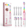 A pink kids electric toothbrush with a smart timer and LED light shown in various forms.
