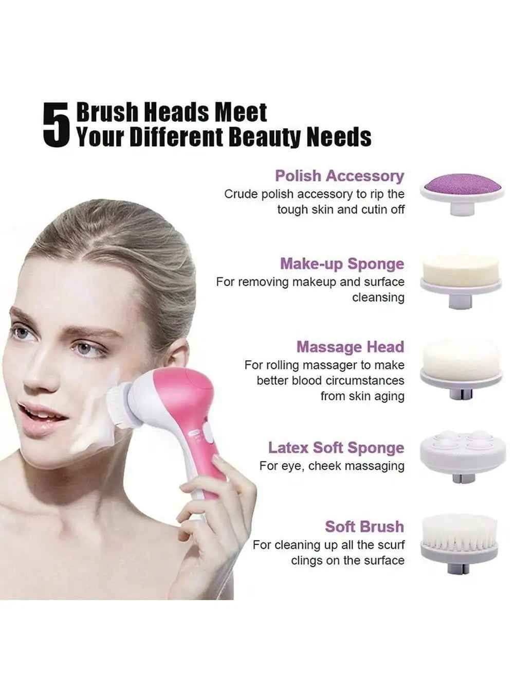 A close-up of a woman using various brush heads for facial cleansing and massage.