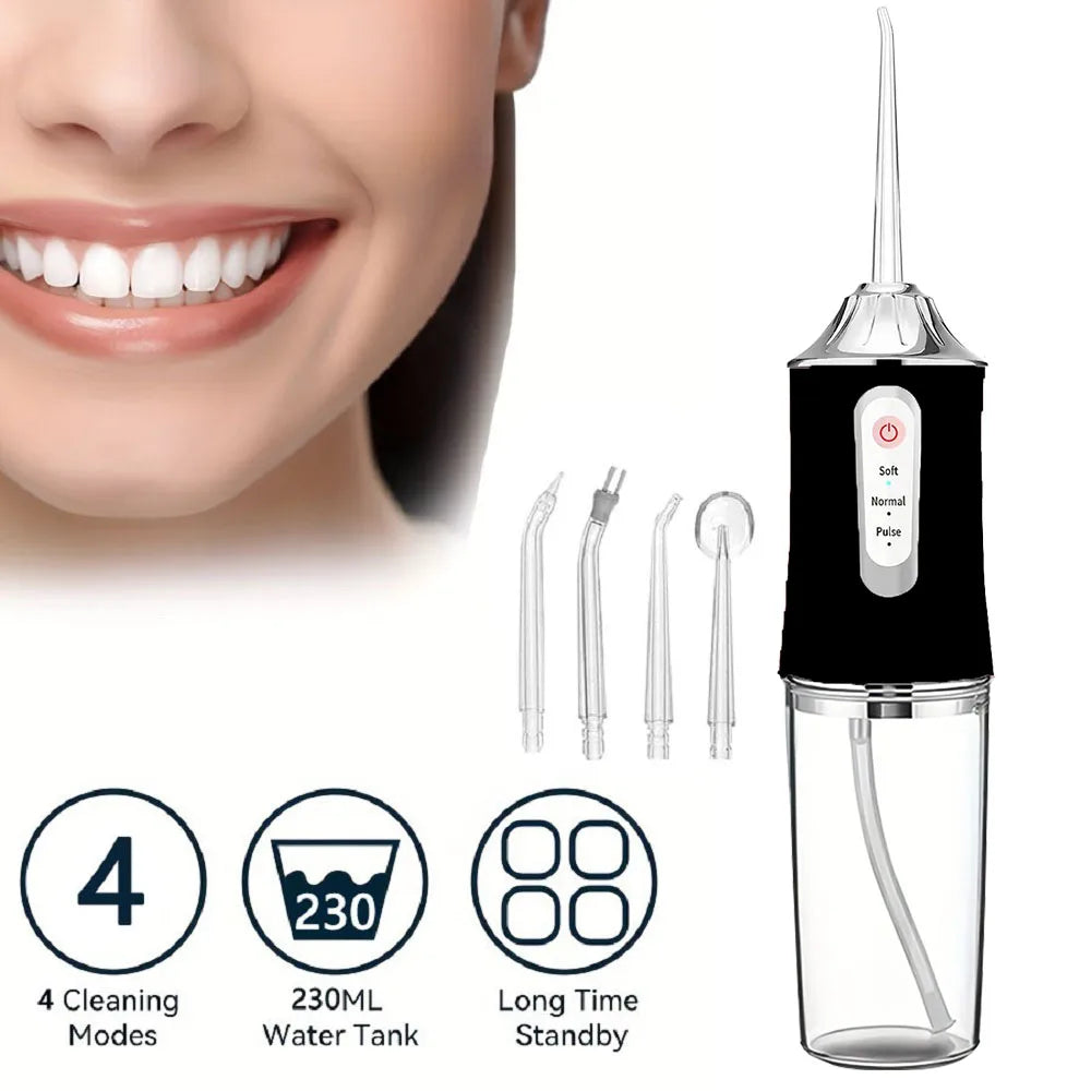 A portable dental water flosser device with a black body and clear water tank is shown next to a person's mouth.