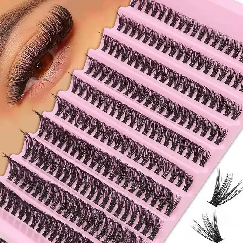 Gros plan d'un plateau en plastique rose rempli de clusters de cils fins DIY pour application.