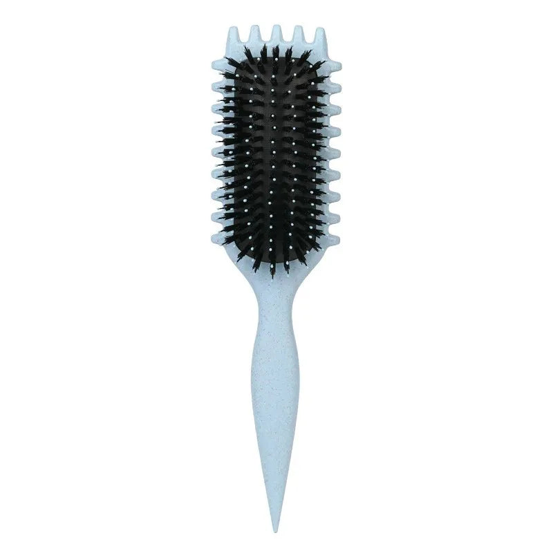 A light blue hair styling comb with black bristles for taming curly hair.