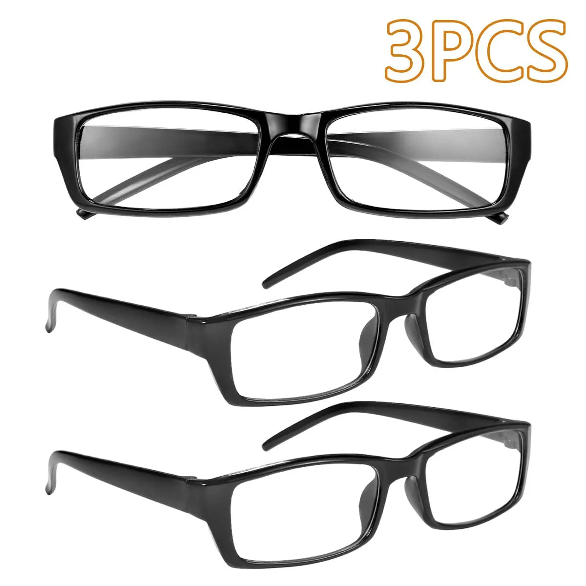Trois paires de lunettes de lecture rectangulaires noires avec des montures sombres et des verres clairs