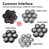 A collection of interchangeable electric shaver heads in silver and black models.