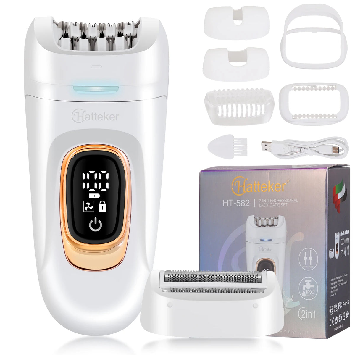 A white Hatteker HT-582 2-in-1 rotary body and facial hair remover device shown with accessories.