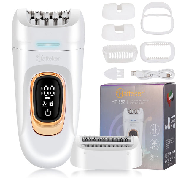 A white Hatteker HT-582 2-in-1 rotary body and facial hair remover device shown with accessories.