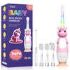 A box of YUNCHI Baby Sonic Electric Toothbrush with a pink unicorn design and several brush heads.