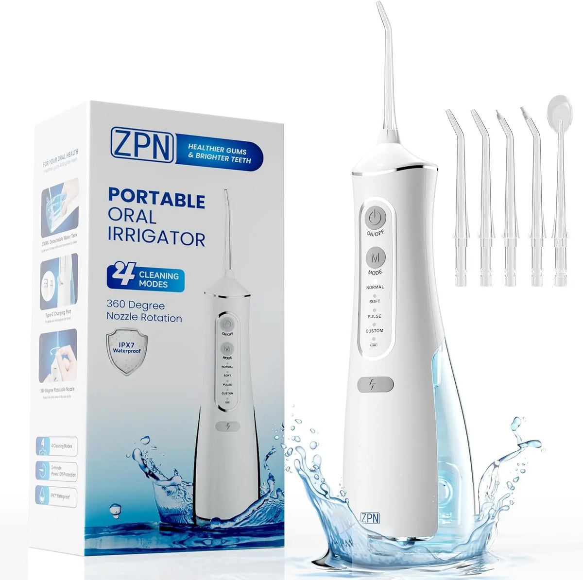 A white portable oral irrigator device is shown next to its packaging box, with water splashing around it.