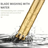 A close-up of a gold-colored blade washing tool being used to clean a knife head with water.